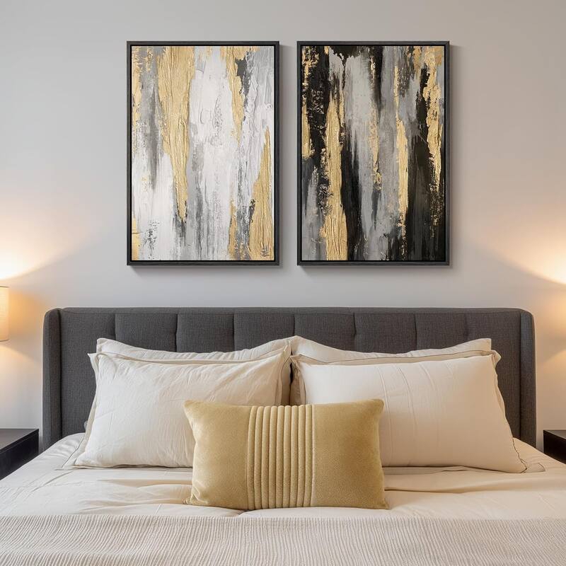 Framed Modern Abstract Wall Art Set, Black White Grey Gold Pictures