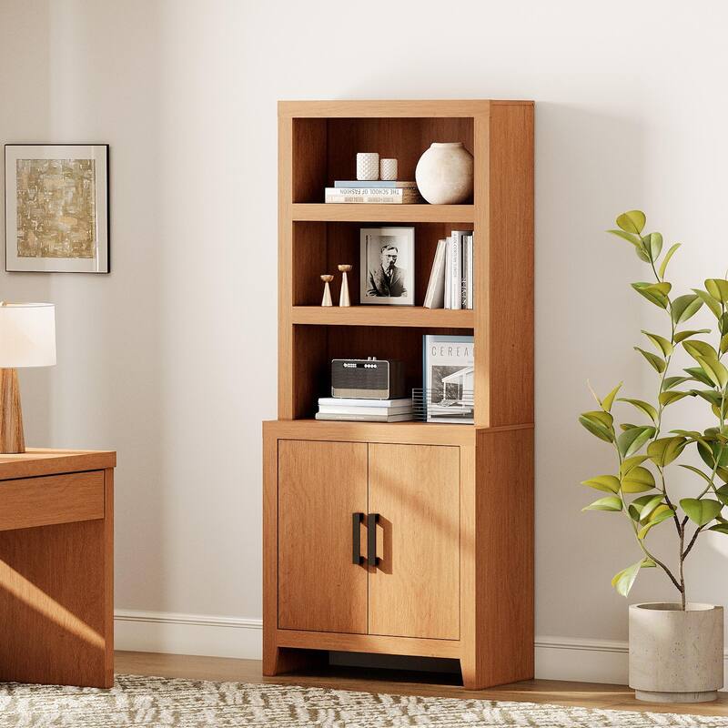 74" Tall Bookshelf with Door, Farmhouse Bookcase with Adjustable Shelf and Storage Cabinet for Living Room, Office - 31" Wide - Mocha