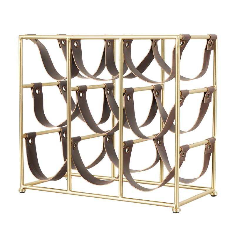 Gold Metal Wine Rack with Faux Leather Holding Straps