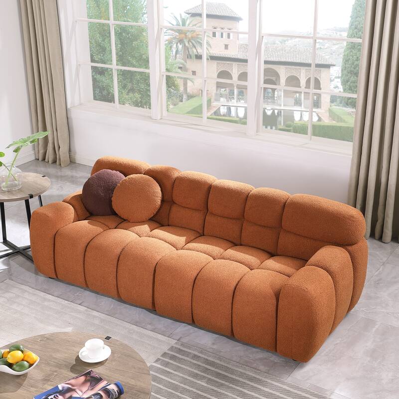 Light Brown Boucle 3 Seater Marshmallow Sofa, 87x36x28 inches