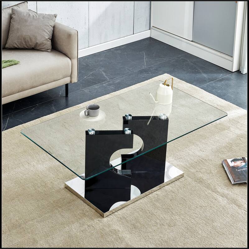 Rectangular Coffee Table with Tempered Glass Tabletop and White MDF Legs