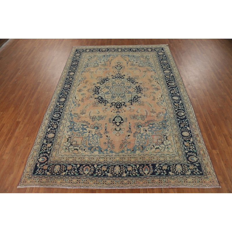 Medallion Mashad Persian Vintage Area Rug Handmade Wool Carpet - 7'11"x 11'1"