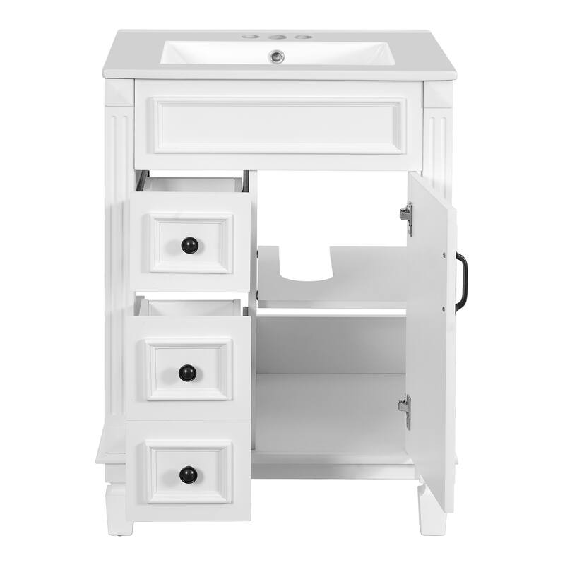 24" Bathroom Vanity With Ceramic Sink, Small Bathroom Sink Cabinet, Modern Cabinet With 2 Drawers And Adjustable Shelf