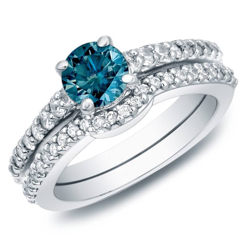 Auriya 14k Gold 1ct TW Round Blue Diamond Engagement Ring Set - White - 4