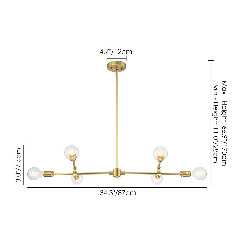 6-Light Mid-Century Brass Metal Pendant Light for Dining Room - 6 Light