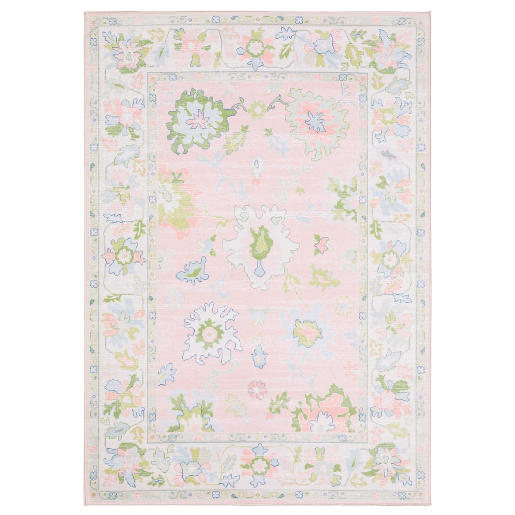 Addison Traditional Bordered Floral Pink/ Green Printed Washable Flat Pile Area Rug
