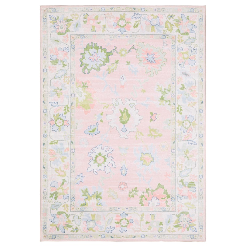Addison Traditional Bordered Floral Pink/ Green Printed Washable Flat Pile Area Rug