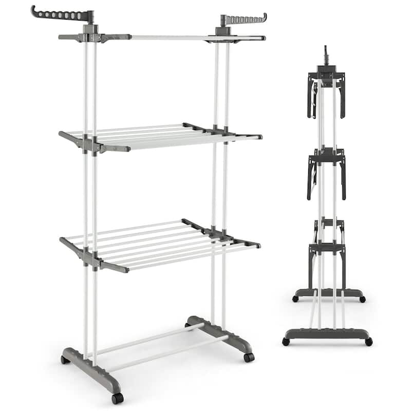 Gymax 3-tier Folding Clothes Drying Rack w/ Rotatable Side Wings &