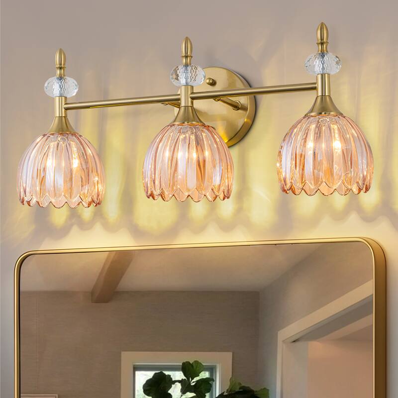 Starsky 3-Light Tulip-Inspired Floral Wall Sconce with Green or Amber Glass Shades, for Bathroom, Bedroom, Hallway