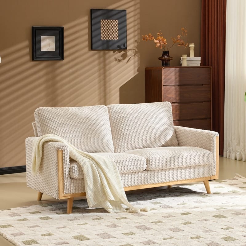 Modern Farmhouse Velvet Upholstery Loveseat With Solid Wood Frame Compact 2-Seater Couch For Small Space