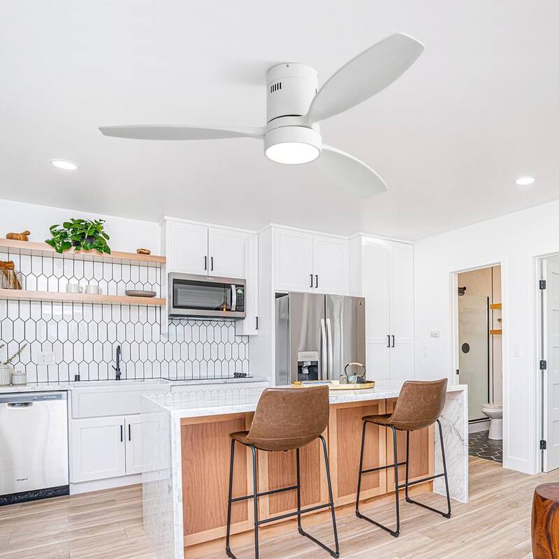 Wooden Ceiling Fan with Dimmable 3-Color LED Light, 6-Speed Remote Control Flush Mount Ceiling Fan Light