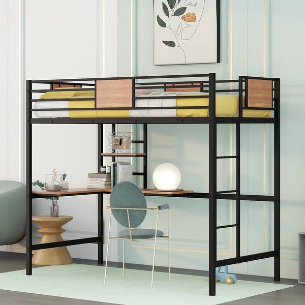 slide 2 of 13, Black Twin Size Metal Loft Bed with Desk and Shelves for Kids Black