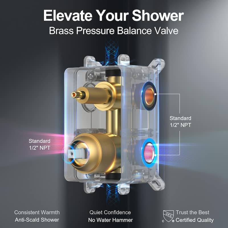 GRANDJOY Dual Shower Kit with Round Rainfall Head and Hand Shower, Lever Control Valve