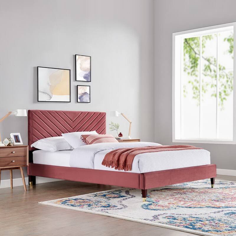 Roxanne Performance Velvet Platform Bed With Wood and Gold Legs - Dusty Rose