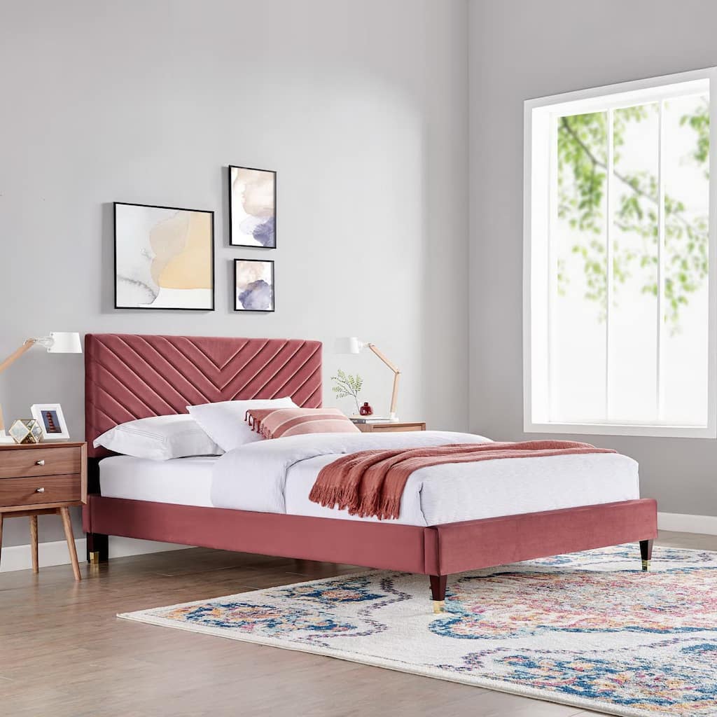 Roxanne Performance Velvet Platform Bed With Wood and Gold Legs
