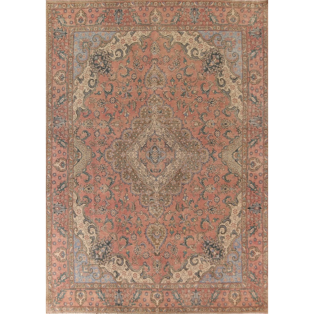 Distressed Tabriz Persian Vintage Rug Handmade Floral Wool Carpet - 9'8"x 12'8"