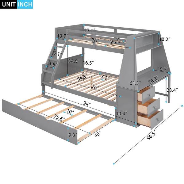 dimension image slide 1 of 2, Artsy Twin over Full Bunk Bed with Trundle and Convenient Built-in Desk, Three Storage Drawers and Shelf