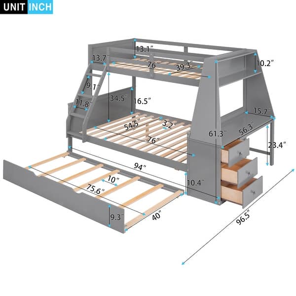 dimension image slide 0 of 2, Twin over Full Wood Bunk Bed with Trundle, Built-in Desk, Three Storage Drawers & Shelf - Sapce-Saving Design