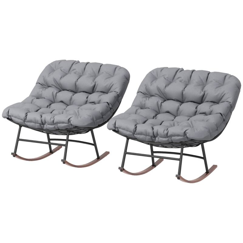 Steel Rocking Chairs with Cushions Woodgrain Base Indoor Outdoor Set of 2 - 36.6" W x 39.8" D x 30.7" H - Grey