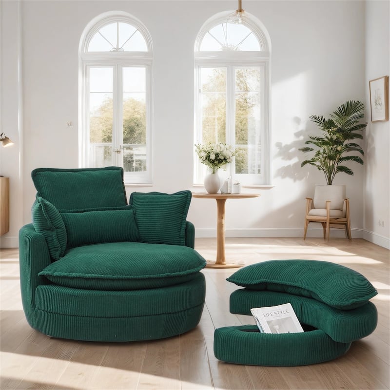38"W Oversized Swivel Chair with Moon Storage Ottoman, 4 Pillows
