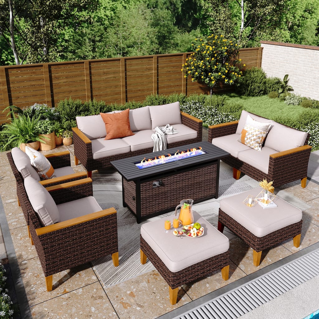 8-Piece Patio Outdoor Wicker Sectional Sofa Set, Large Seating Furniture Conversation Sets with Fire Pit Table