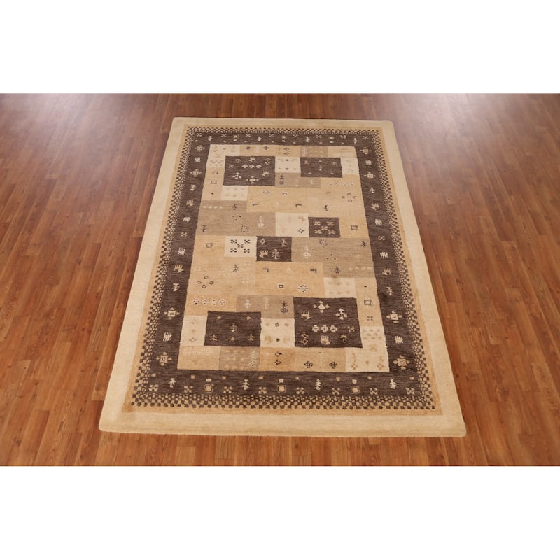 Geometric Gabbeh Indian Area Rug Brown Tribal Handmade Wool Carpet - 5'3" x 7'7"