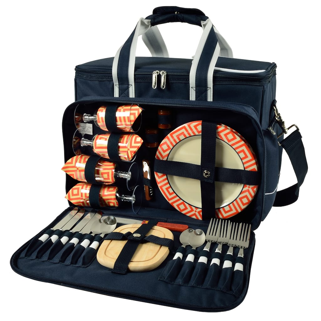 Picnic at Ascot- Ultimate Insulated Picnic Cooler Bag with Service for 4 - Navy w/ Diamond Orange