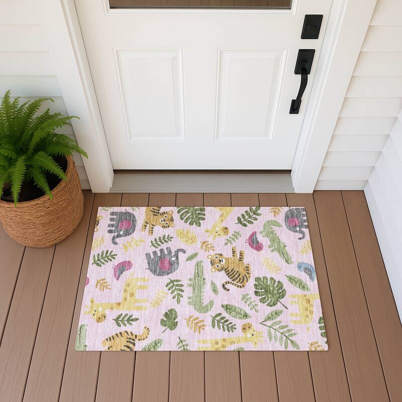 Machine Washable Indoor/ Outdoor Whimsy Safari Animals Chantille Rug - Pink - 1'8" x 2'6"