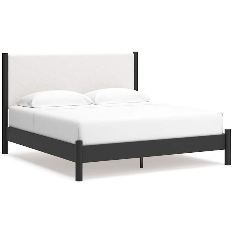 Mooran King Size Bed, White Polyester Upholstery, Modern Black Wood