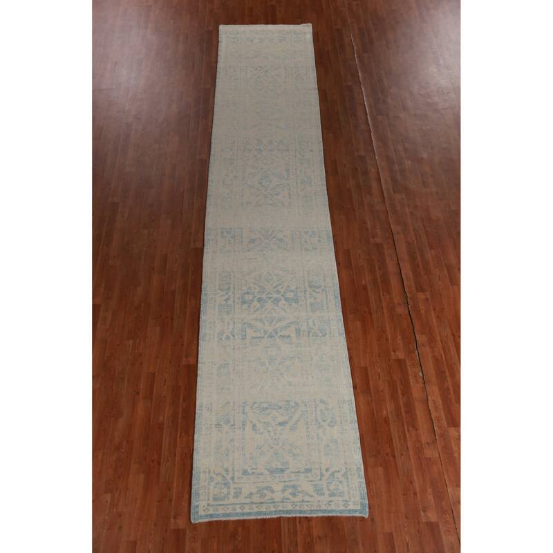 Hand Knotted Oriental 100% Wool Carpet Transitional Geometric Navy Blue & Blues Oushak Runner Rug - 16' 8'' X 3' 2''