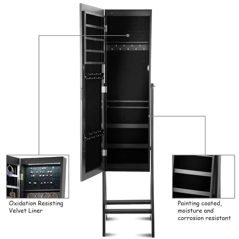 Black Standing Mirror Jewelry Cabinet with 3 Angle Tilting Positions and 5 Lined Shelves - 14.5" x 13.5" x 61" (L x W x H)