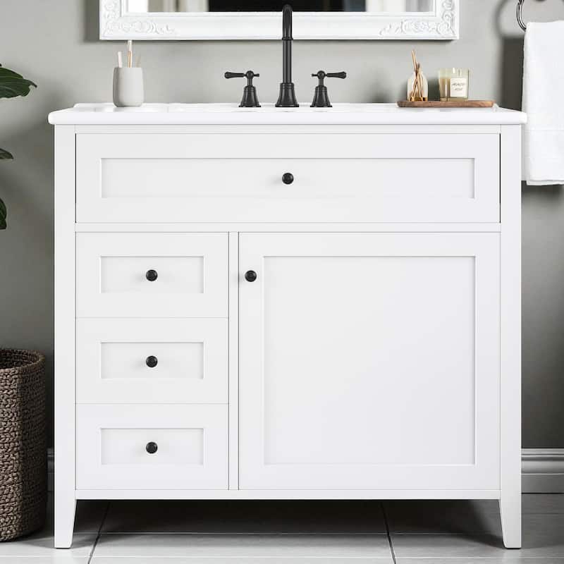 36-Inch Bathroom Vanity with Sink, MDF and Solid Wood Cabinet, 3 Drawers and Adjustable Shelf, Freestanding Design - White