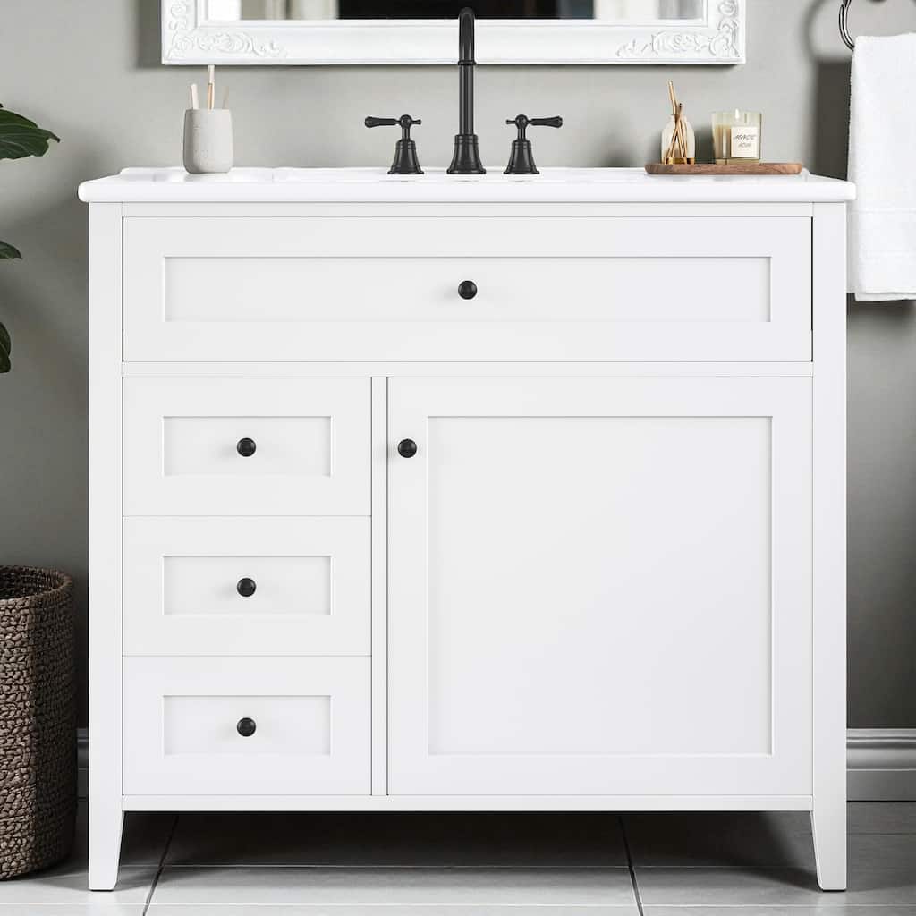 36-Inch Bathroom Vanity with Sink, MDF and Solid Wood Cabinet, 3 Drawers and Adjustable Shelf, Freestanding Design