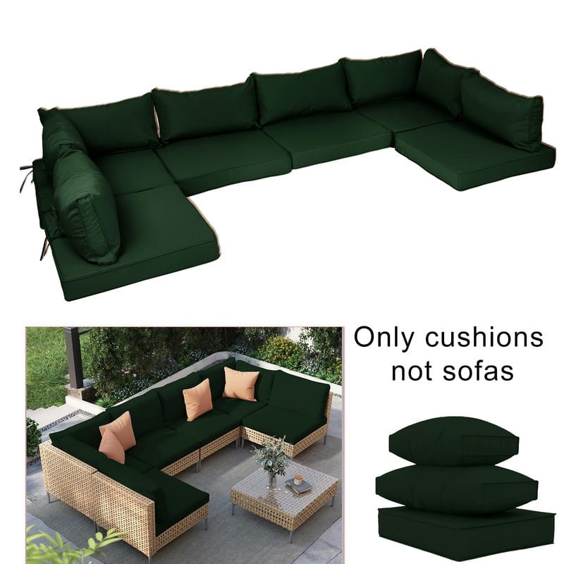 14 Pcs Outdoor Furniture Replacement Cushions Fits 6-seat Sectional Rattan Conversation Set (Only cushions+covers, no sofa.) - Dark Green