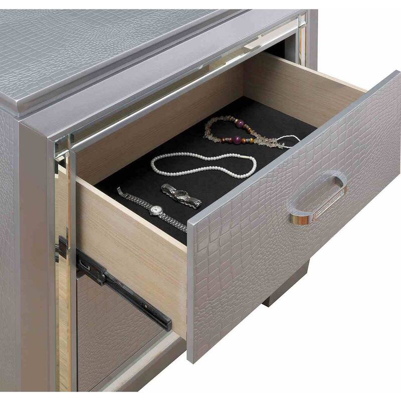 Silver Finish Bedroom Set Contemporary LED Bed Dresser Mirror Nightstand Chest