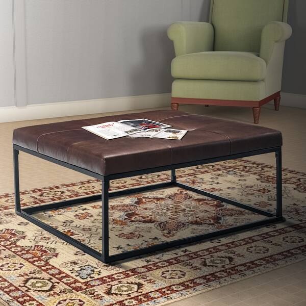 Leather Tufted Oversized Accent Ottoman With Metal Base Brown And Black Overstock 31887376 Collection of white leather cocktail safavieh terrence black leather cocktail ottoman square ottoman mounted on wooden base. leather tufted oversized accent ottoman