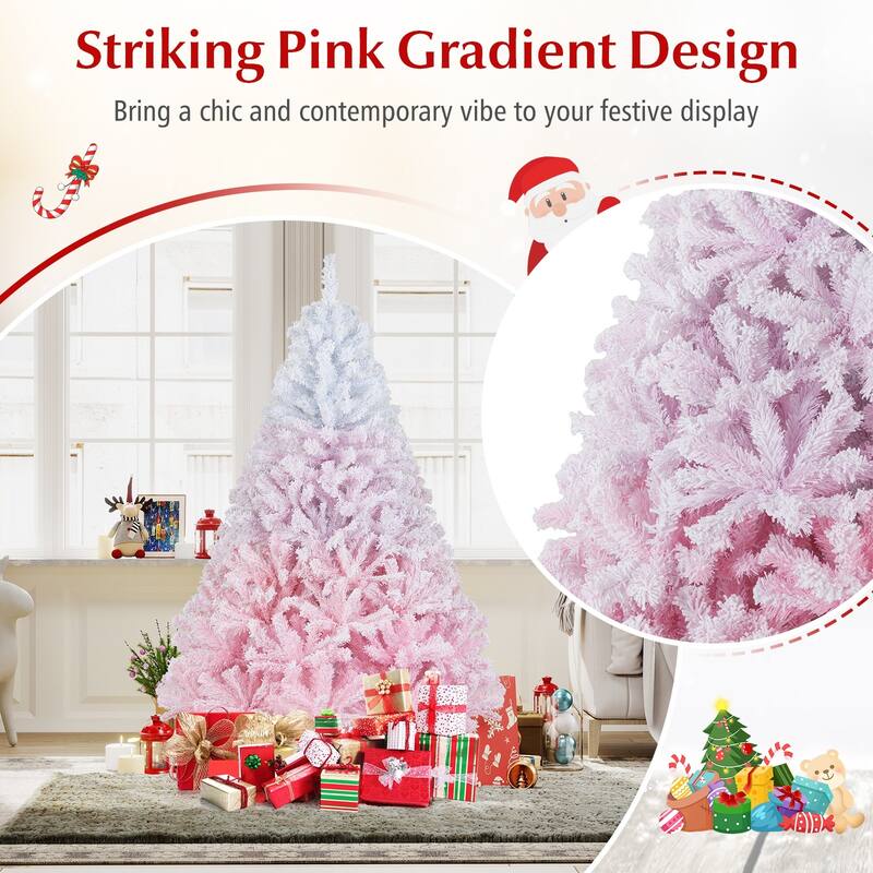 Gymax Artificial Christmas Tree Hinged Snow Flocked Xmas Tree w/ Lush - Pink, White