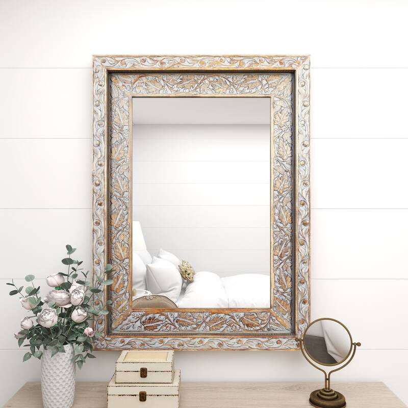 Gray Wood Handmade Intricately Carved Floral Room Wall Mirror