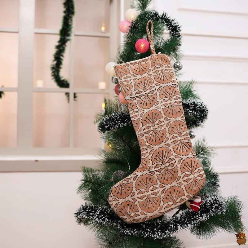 Fabdivine Handmade Christmas Stocking Floral Block Print 10X4.5 Inch Tassel Loop for Home Décor - 10"X4.5"