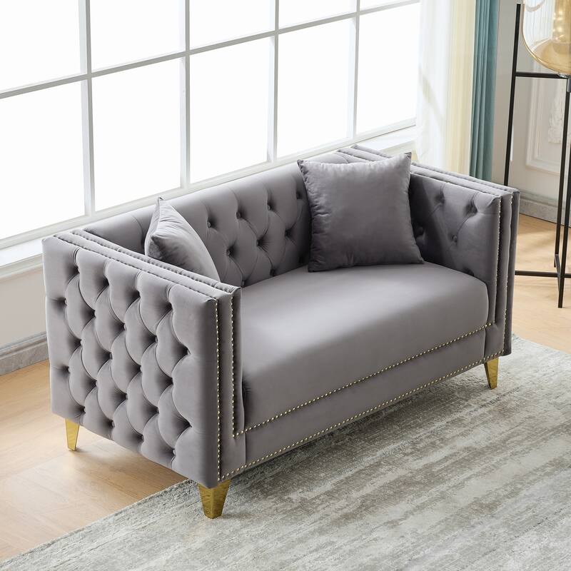Roomfitters 58" Modern Tuxedo Loveseat with Buttoned Back and Gold Legs, Upholstered Couch with Double Nailhead Trim