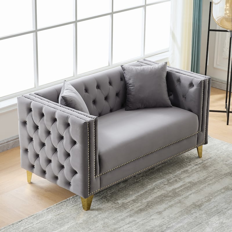 Velvet Upholstered Loveseat, Button Tufted 2 Seater Deep Seat Couche, Lounge Sofa with Nailhead Trims & Square Arms