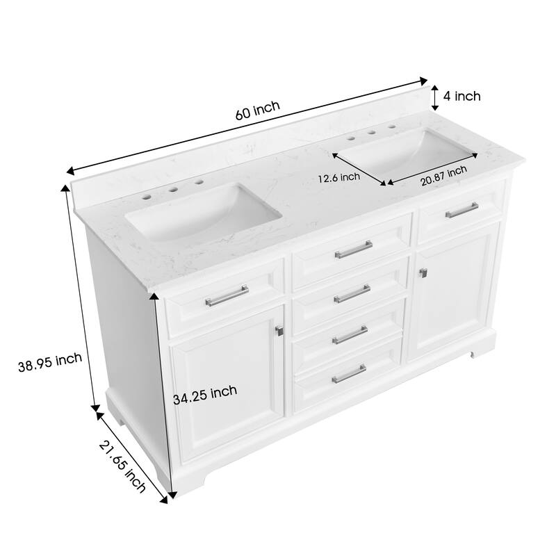 AstralLight 60 in. Double Sink Freestanding White Bath Vanity with White Quartz Stone Top
