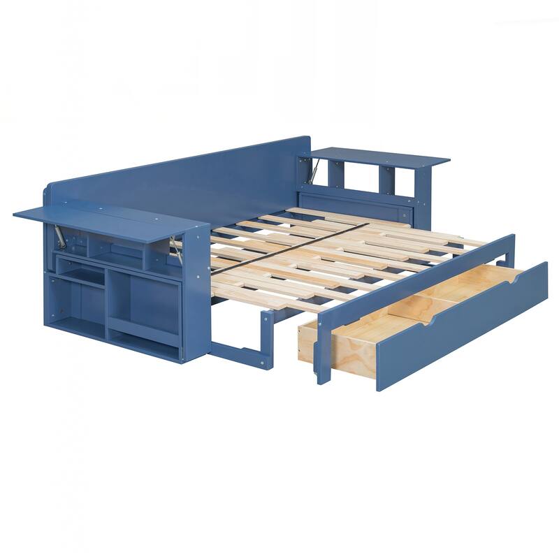 Queen Size Daybed with Removable Desk, Storage Drawers & Hydraulic Side Table