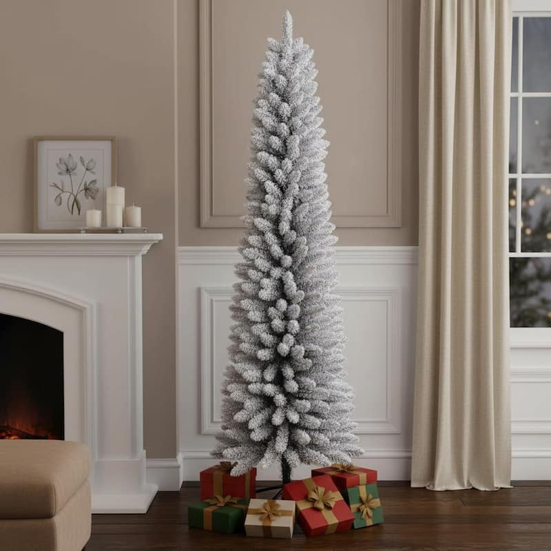HomeRoots 7' White Slender Flocked Fir Christmas Tree - 25.00 in. x 84.00 in. x 25.00 in. - White - 7 Foot