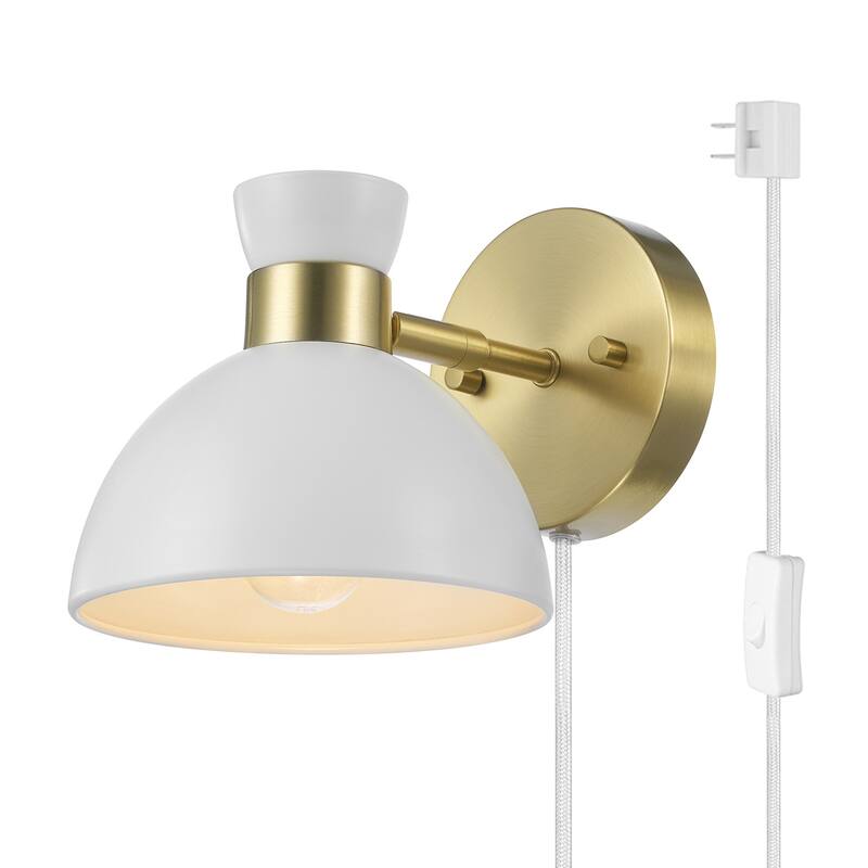 1-Light Matte Brass Plug-In or Hardwire Wall Sconce with Matte White Pivoting Metal Shade - 8.75"