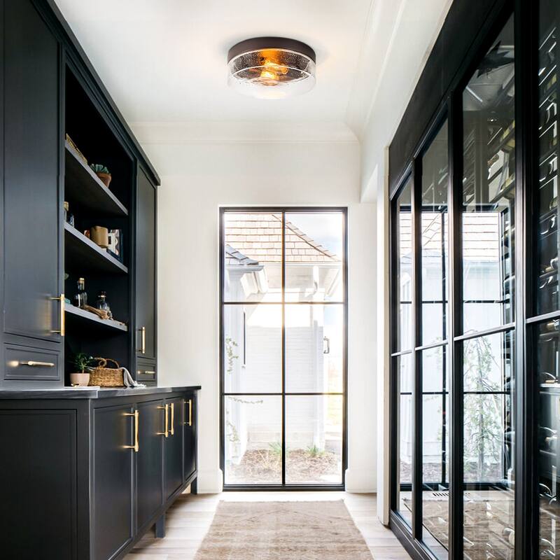 2-Light Gold/Bronze Modern Farmhouse Industrial Dimmable Dome Round Flush Mount Light with Seeded Glass Shade