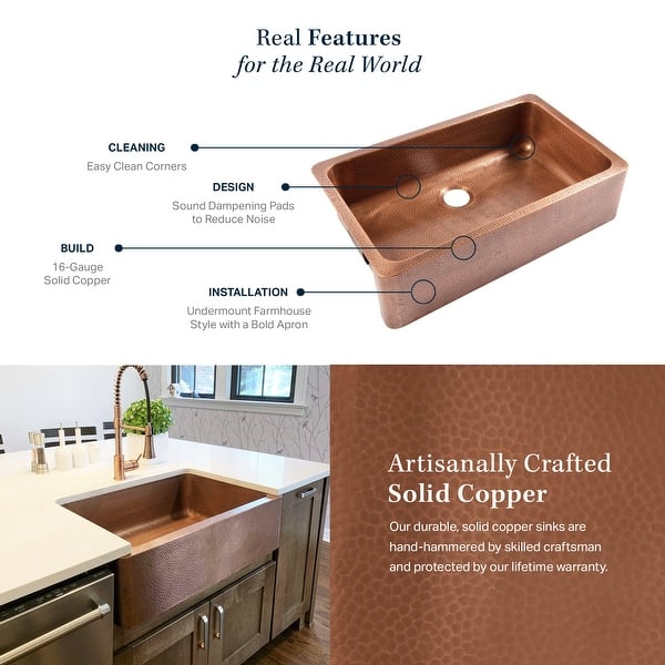 Renzen Farmhouse Apron-Front Handmade Copper 36 in. 50/50 Double Bowl Kitchen Sink in Antique Copper with Scroll Design