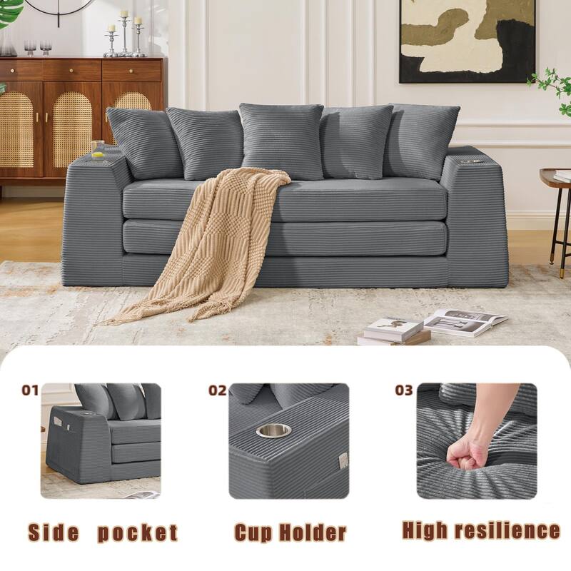 2 in 1 Convertible Sofa Bed, Sleeper Sofa with Storage Pockets, Pull Out Loveseat Couch with Two Cup Holders