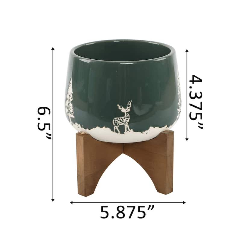 6" Ceramic Christmas Planter on Wood Stand