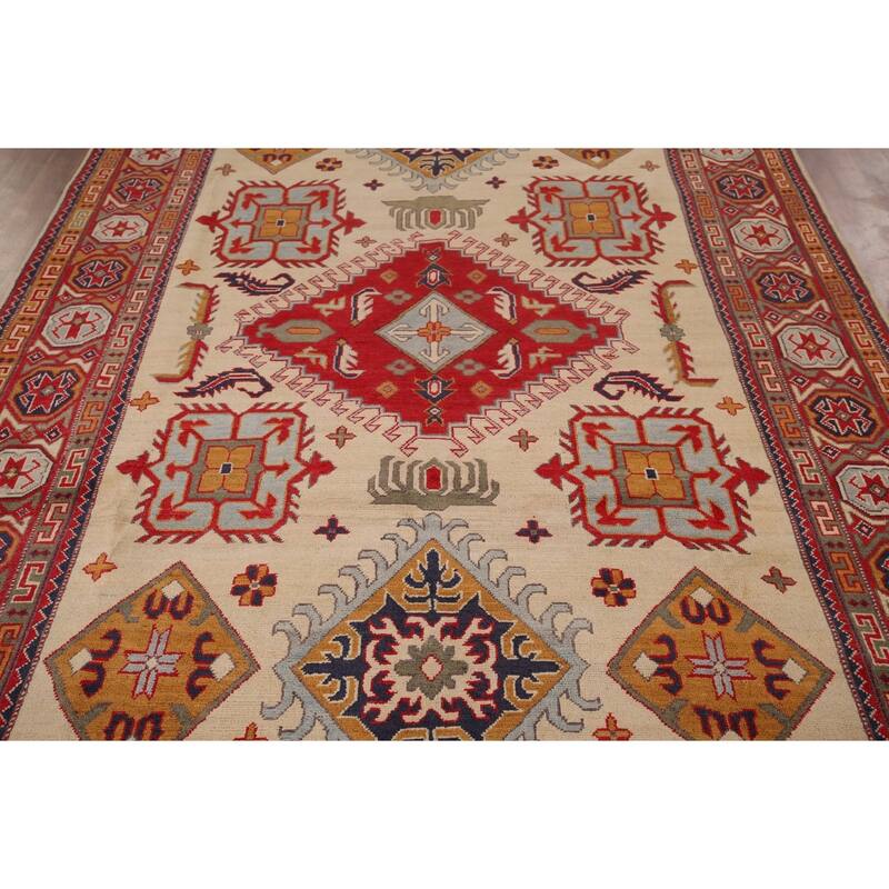 Hand Knotted Oriental 100% Wool Carpet Traditional Geometric Yellow & Gold Kazak Area Rug - 9' 8'' X 6' 5''